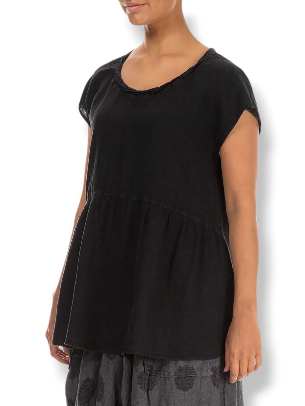 GRIZAS Black Washed Linen Relaxed Fit Flared Blouse